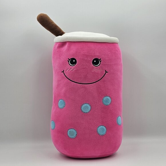 Strawberry Boba Bubble Tea Drink Plush Stuffed Toy Pink Blue Large 16 in - Picture 1 of 9